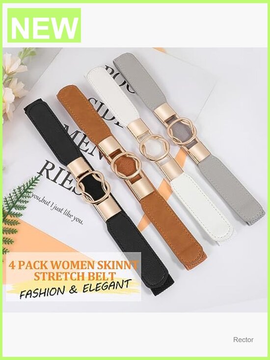 Set of 4 Stretch Skinny Belts with Gold Buckle for Dresses